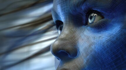 Futuristic Digital Human Face in Blue Tones with Wireframe Details and Advanced Technology Style