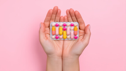 Hands holding blister pack of colorful capsules and round tablets on pink background, close up, minimal style, health care, medication care, gentle mood