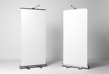 Two blank roll-up banners with white backgrounds on stands, ideal for customizable branding at trade shows, events, and promotional displays in a minimalist setting.