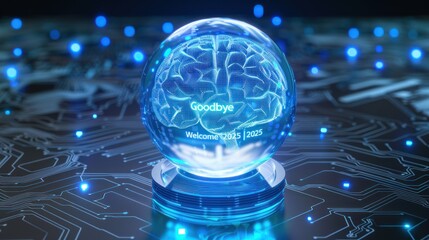 Futuristic Glass Globe with Brain and Digital Circuitry in Blue Neon Light