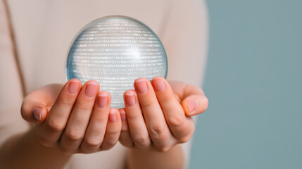 Minimal sphere transparent digital code crystal ball held in hands conveying future insight and technology with soft light and neutral background