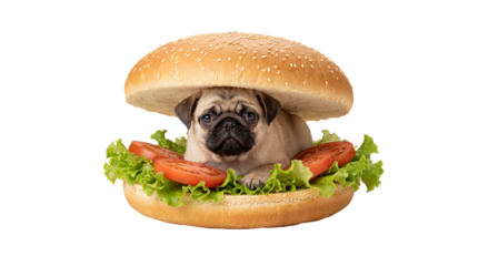 Dog inside Burger Transparent Background Pug Puppy Giant Hamburger Lettuce and Tomato