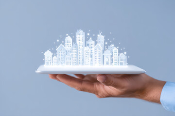 Hand holding tablet tablet miniature city smart city hologram augmented reality urban skyline technology futuristic digital hand palm touch device concept real estate architecture model miniature