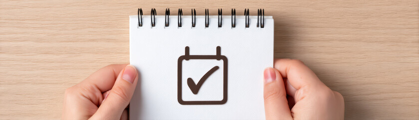 Checklist calendar planner notebook hand holding spiral notebook checkmark icon page minimal style close up simple notebook closeup planning concept organization tool productivity symbol task