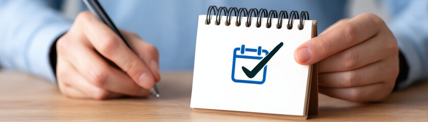 Small notebook close up hands opening simple notebook to checked calendar icon expressing focus and accomplishment while writing notes and planning schedule