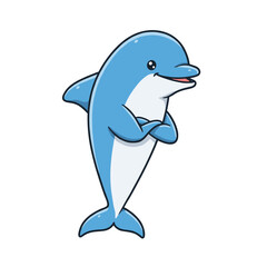 Naklejka premium Funny cartoon dolphin jumping and swimming in the blue ocean, a cute marine animal illustration full of fun and life