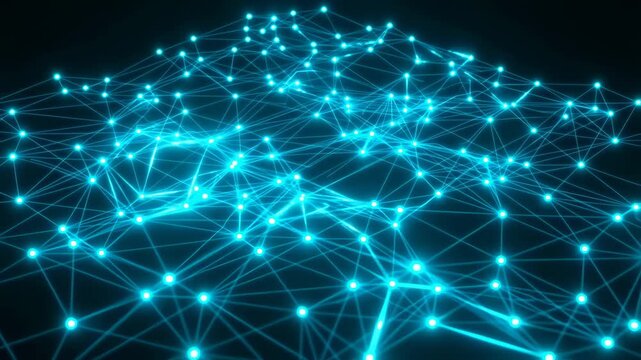 3D grid of glowing cyan-blue lines and nodes forming a futuristic tech network, dynamic digital motion on black background, sci-fi style data visualization. Concept of connectivity and AI systems