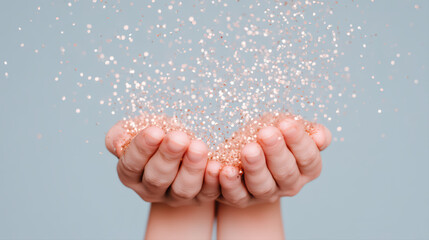 Sparkling glitter falling from cupped hands, child hand, close up, pastel background, glitter particles