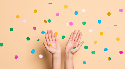 Hands raised amid colorful confetti, celebration scene with palm up gesture and joyful motion on peach background