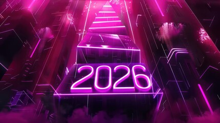 Futuristic Neon 2026 Number Display in Bright Pink and Purple Light with Cityscape Background