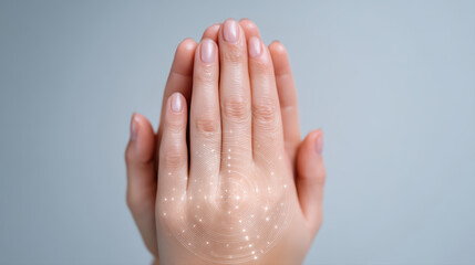 Hands clean skin care hand hygiene palms together gentle cleansing glowing particles circular pattern