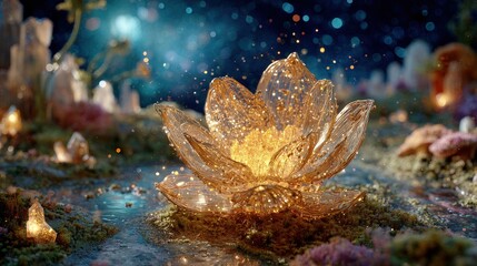 Glowing Golden Crystal Flower In Fantasy Garden