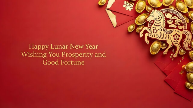 Lunar New Year 2026 greeting with gold coins and horse decoration