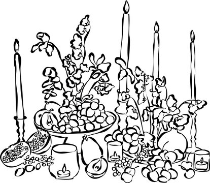 Ilustraci&oacute;n dibujada a mano de centro de mesa con flores, frutas y velas. Bodegon elegante para dise&ntilde;o de invitaciones, papeler&iacute;a o branding