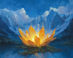 Glowing Crystal Lotus Flower In Mountains At Night