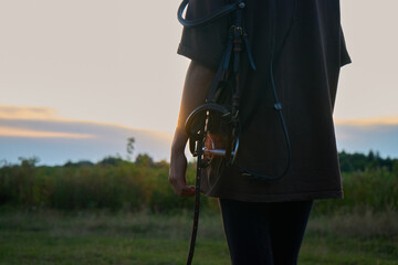 A girl with a horse harness and equipment stands in the summer at sunset and watches the sunset                               
