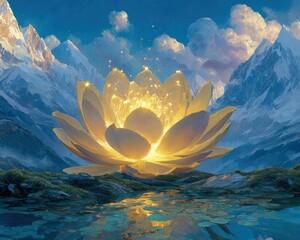 Golden Lotus Flower In Mountain Landscape