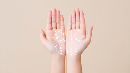 Young hand palm soft skin glowing light sparkle child hand gently cupping warm glowing light with soft sparkle and subtle bokeh effect evoking wonder and care