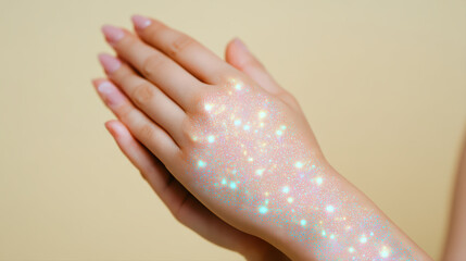 Sparkling glitter on hand with soft manicure and warm background, close up of human hand with shimmering particles creating dreamy glow and gentle pose