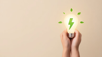 Hands holding glowing light bulb with green energy symbol and leaves, eco energy idea, sustainability, renewable concept, environmental conservation