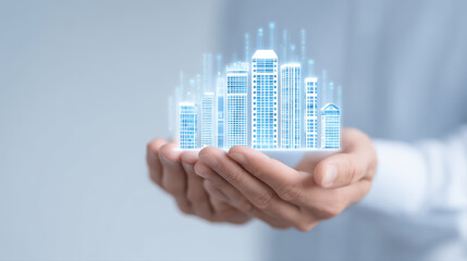 Futuristic city model miniature city hologram skyline hands holding model smart city concept urban development digital architecture blue light building tower technology innovation