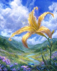 Golden Lily In Scenic Valley Landscape