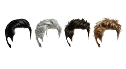 Diverse Hairstyles Collection: Black, Grey, Dark Brown, Blonde Wigs on White Background