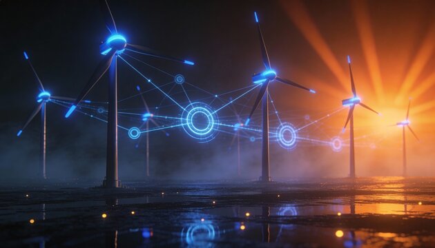 Wind turbine network at sunset with glowing data links, futuristic renewable energy grid powering smart city - Powered by Adobe
