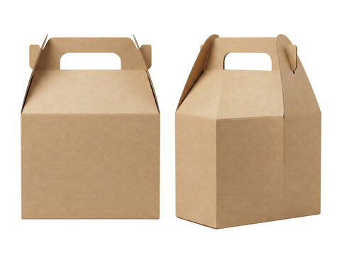 Two cardboard takeaway boxes with handles, isolated on white background