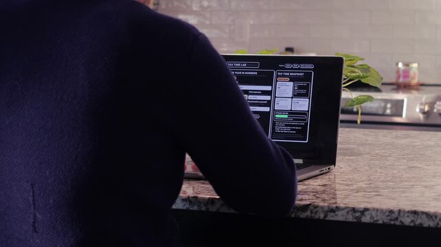 Middle Aged Man Runs Tax Assessment for Home Based Small Business Preparing for Tax Season and Prepayments Concept