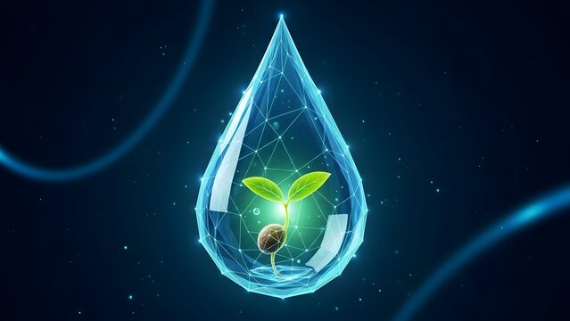 Water drop with plant sprout inside, digital concept - Powered by Adobe