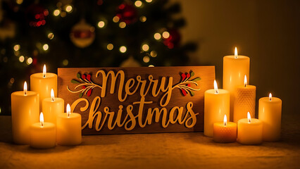 A festive Christmas scene with lit candles and a Merry Christmas sign