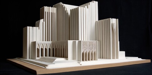 Architectural Model Of Complex Building In Light Gray And White With Brown Base