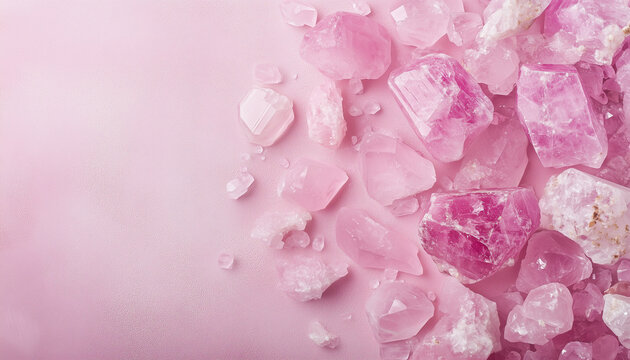 background for a banner for a jewelry store, rose quartz on a pink background close-up