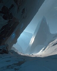 Snowy Mountain Valley With Icy Peaks Under Azure Sky