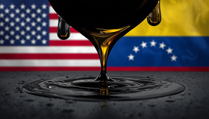 Naklejka na ściany i meble Oil drips onto a surface with the US and Venezuela flags in the background