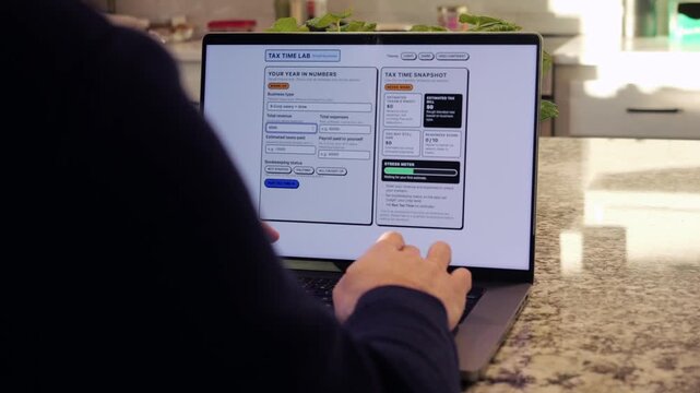 Middle Aged Man Runs Tax Assessment for Home Based Small Business Preparing for Tax Season and Prepayments Concept
