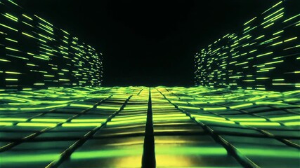A futuristic digital landscape with neon green lines and a dark background