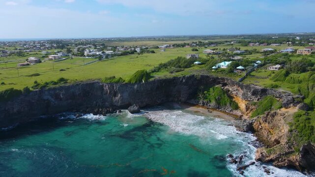 Ragged Point Lighthouse aerial view in historic village of Marley Vale, Saint Philip, Barbados. 