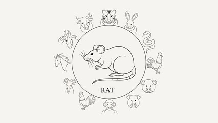 rat, animal, line art, illustration shio zodiac