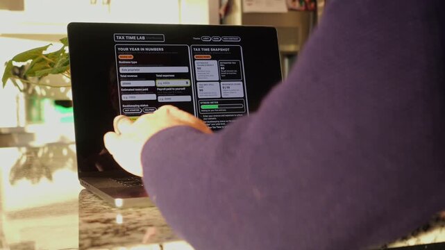 Middle Aged Man Runs Tax Assessment for Home Based Small Business Preparing for Tax Season and Prepayments Concept