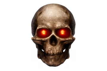 Skull with glowing red red eyes, representing danger, evil, horror, death, and power on transparent background