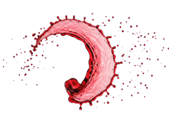 Massive ruby red viscous liquid splash, like premium wine, in a turbulent arc with spherical droplets and mist, against transparent background concept for premium beverage advertising