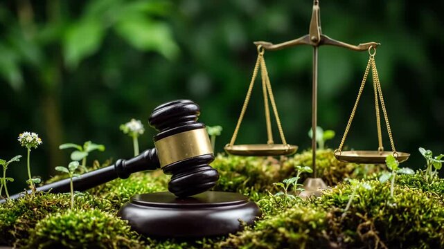 Wooden gavel and balance scales on moss symbolize environmental law. Ecology protection and justice concepts in nature. Eco-friendly judicial system highlighted. 