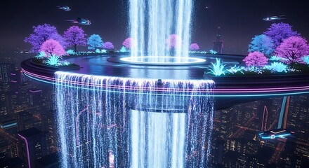 Futuristic city scene with a floating platform featuring a glowing waterfall, vibrant trees, and flying vehicles at dusk