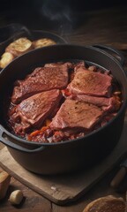 Searing meat in a cast iron Dutch oven with lid slightly ajar,  aromas,  culinary equipment,  cooking