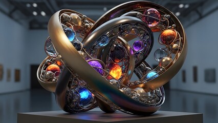 Futuristic abstract sculpture, a complex intertwined knot adorned with radiant glowing spheres, showcased in a contemporary art gallery exhibition