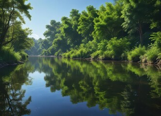 Reflections of lush greenery in the C?a River against a bright blue sky,  Vila Nova de Foz C?a,  nature,  landscape
