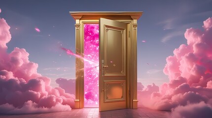 surreal golden door with pink clouds