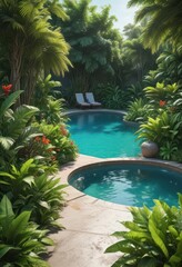 Relaxing pool surrounded by lush greenery and exotic plants,  water features,  garden decor, outdoor kitchen